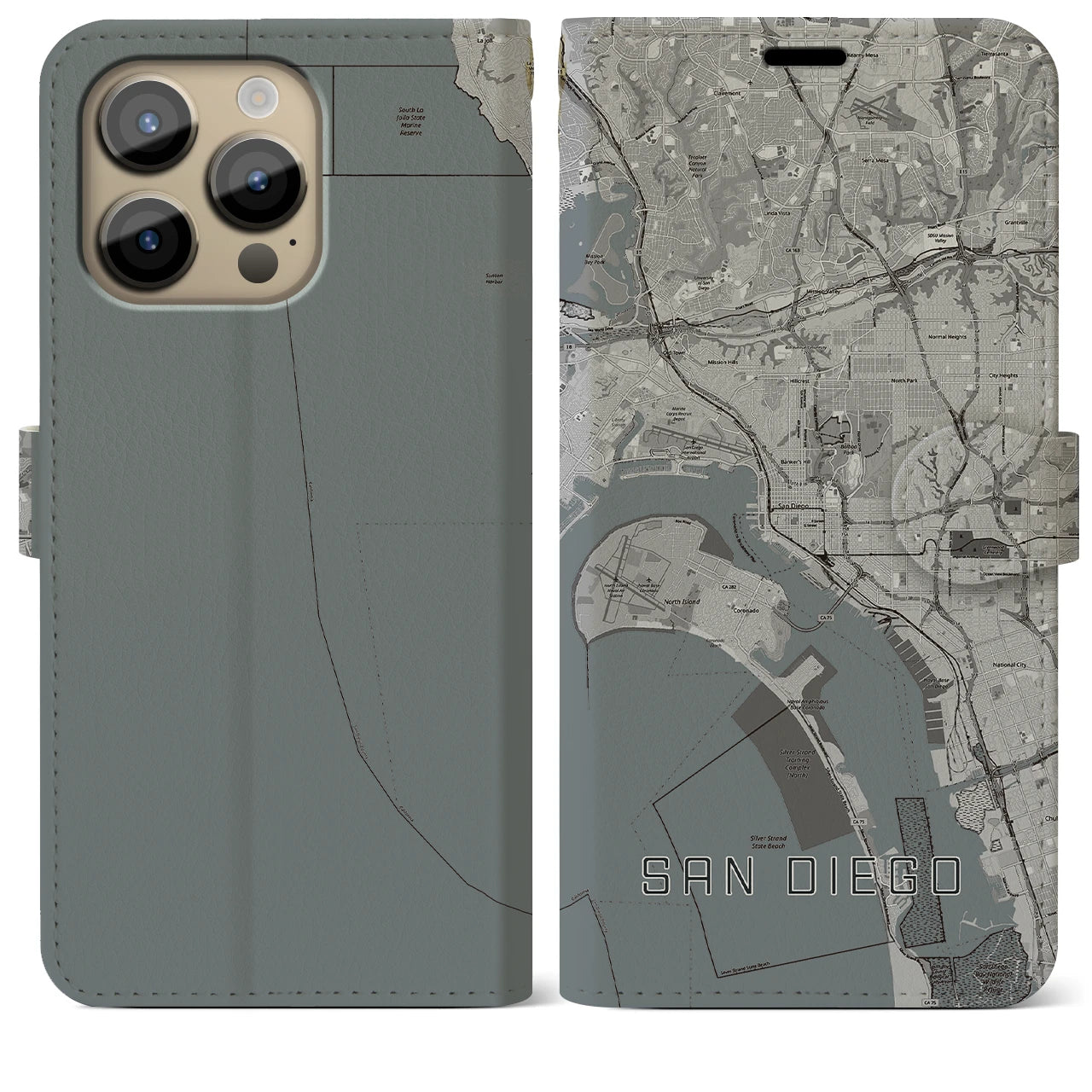 【サンディエゴ】地図柄iPhoneケース（手帳両面タイプ・モノトーン）iPhone 14 Pro Max 用