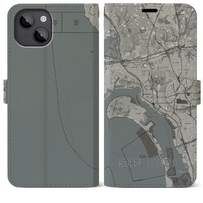 【サンディエゴ（アメリカ）】地図柄iPhoneケース（手帳タイプ）モノトーン・iPhone 14 Plus 用