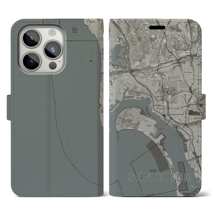【サンディエゴ（アメリカ）】地図柄iPhoneケース（手帳タイプ）モノトーン・iPhone 15 Pro 用
