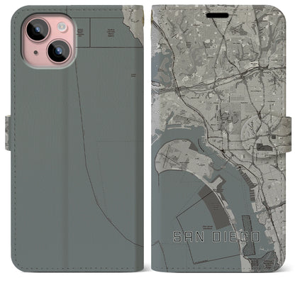 【サンディエゴ（アメリカ）】地図柄iPhoneケース（手帳タイプ）モノトーン・iPhone 15 Plus 用