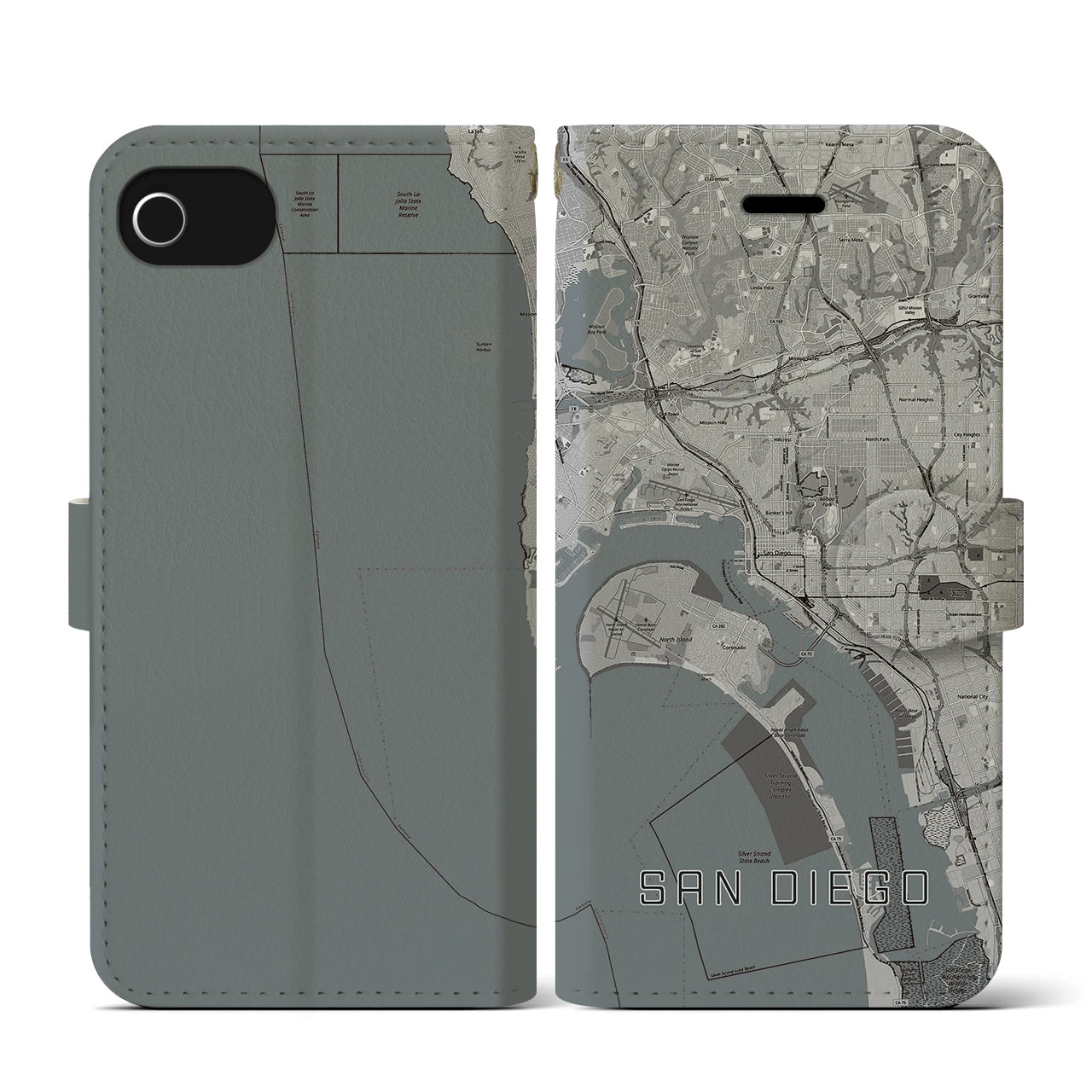 【サンディエゴ】地図柄iPhoneケース（手帳両面タイプ・モノトーン）iPhone SE（第3 / 第2世代） / 8 / 7 / 6s / 6 用