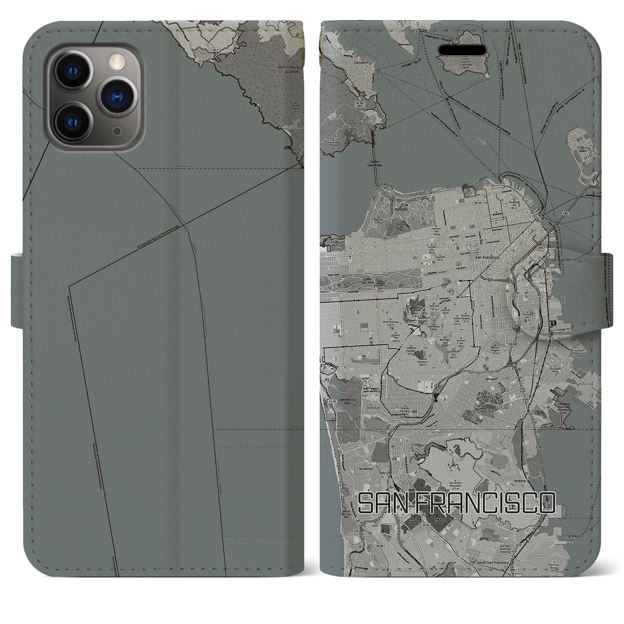 【サンフランシスコ】地図柄iPhoneケース（手帳両面タイプ・モノトーン）iPhone 11 Pro Max 用