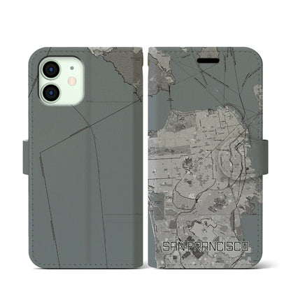 【サンフランシスコ（アメリカ）】地図柄iPhoneケース（手帳タイプ）モノトーン・iPhone 12 mini 用