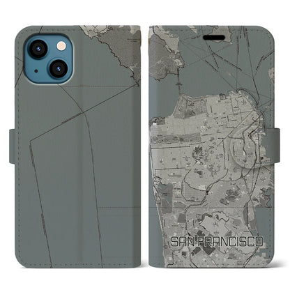 【サンフランシスコ（アメリカ）】地図柄iPhoneケース（手帳タイプ）モノトーン・iPhone 13 用