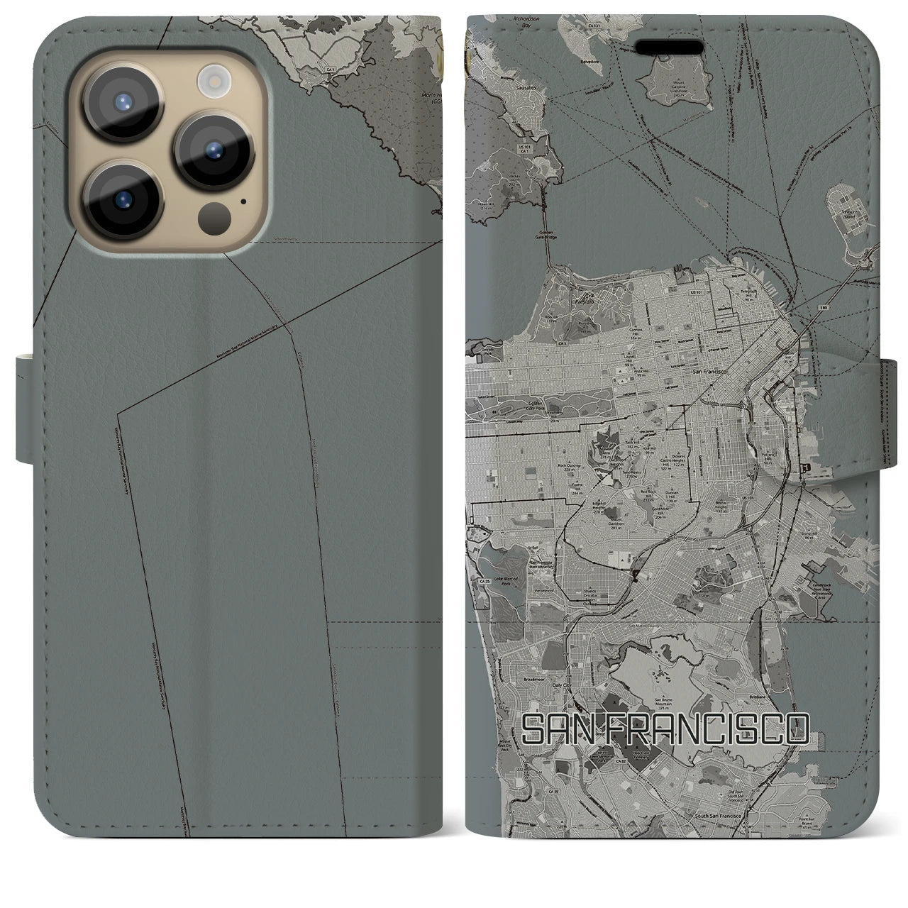 【サンフランシスコ】地図柄iPhoneケース（手帳両面タイプ・モノトーン）iPhone 14 Pro Max 用