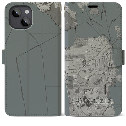 【サンフランシスコ（アメリカ）】地図柄iPhoneケース（手帳タイプ）モノトーン・iPhone 14 Plus 用