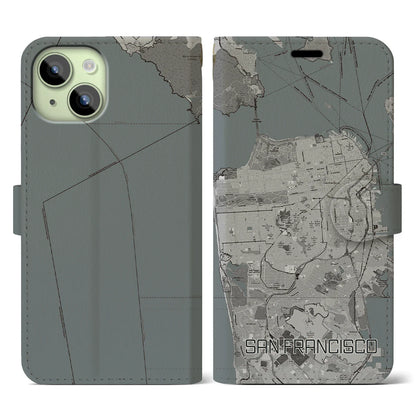 【サンフランシスコ（アメリカ）】地図柄iPhoneケース（手帳タイプ）モノトーン・iPhone 15 用