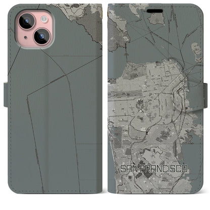 【サンフランシスコ（アメリカ）】地図柄iPhoneケース（手帳タイプ）モノトーン・iPhone 15 Plus 用