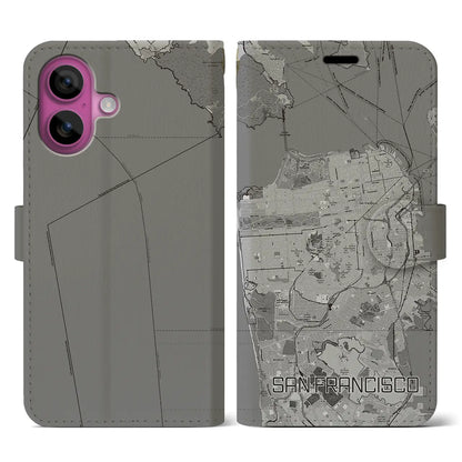 【サンフランシスコ（アメリカ）】地図柄iPhoneケース（手帳タイプ）モノトーン・iPhone 16 Pro 用