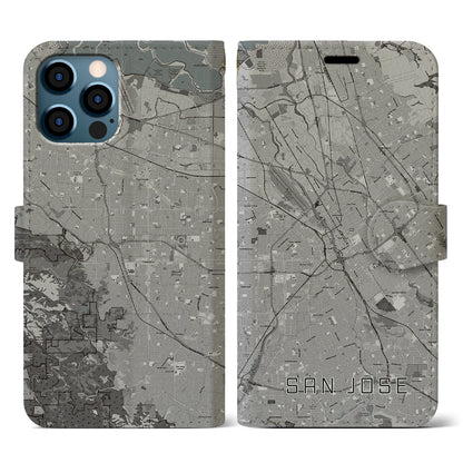 【サンノゼ（アメリカ）】地図柄iPhoneケース（手帳タイプ）モノトーン・iPhone 12 / 12 Pro 用