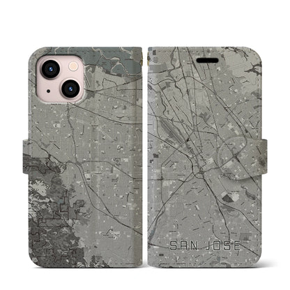 【サンノゼ（アメリカ）】地図柄iPhoneケース（手帳タイプ）モノトーン・iPhone 13 mini 用