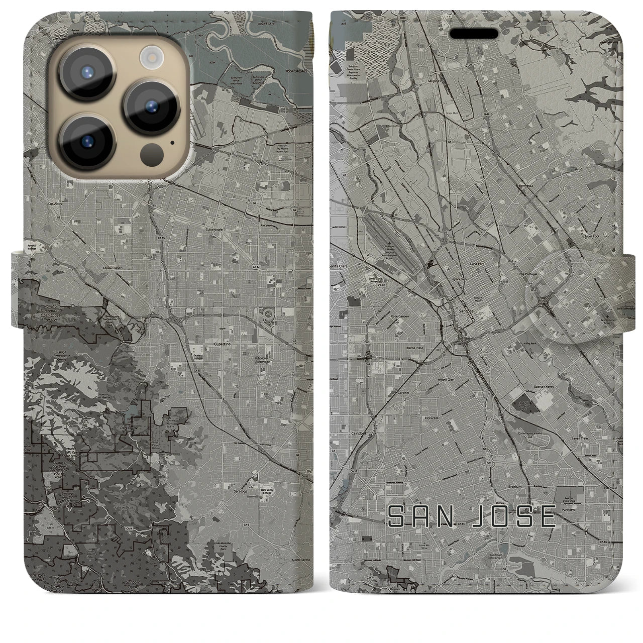 【サンノゼ】地図柄iPhoneケース（手帳両面タイプ・モノトーン）iPhone 14 Pro Max 用