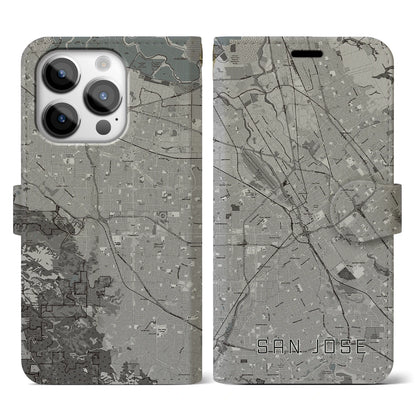 【サンノゼ（アメリカ）】地図柄iPhoneケース（手帳タイプ）モノトーン・iPhone 14 Pro 用