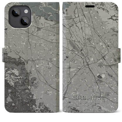 【サンノゼ（アメリカ）】地図柄iPhoneケース（手帳タイプ）モノトーン・iPhone 14 Plus 用