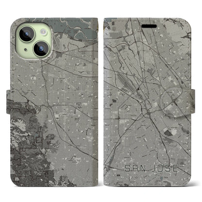 【サンノゼ（アメリカ）】地図柄iPhoneケース（手帳タイプ）モノトーン・iPhone 15 用
