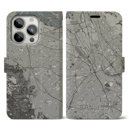【サンノゼ（アメリカ）】地図柄iPhoneケース（手帳タイプ）モノトーン・iPhone 15 Pro 用