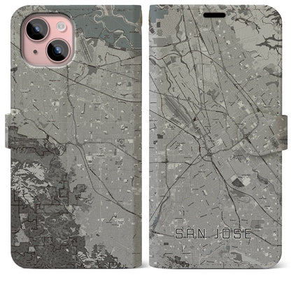 【サンノゼ（アメリカ）】地図柄iPhoneケース（手帳タイプ）モノトーン・iPhone 15 Plus 用