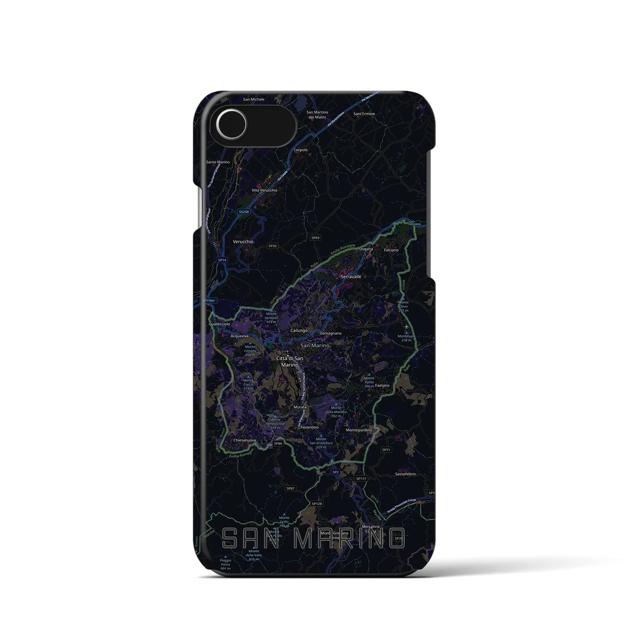 【サンマリノ】地図柄iPhoneケース（バックカバータイプ）ブラック・iPhone SE（第3 / 第2世代） / 8 / 7 / 6s / 6 用