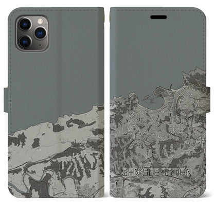 【サン・セバスティアン（スペイン）】地図柄iPhoneケース（手帳タイプ）モノトーン・iPhone 11 Pro Max 用