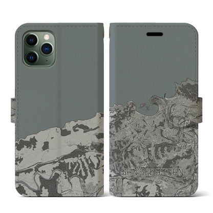 【サン・セバスティアン（スペイン）】地図柄iPhoneケース（手帳タイプ）モノトーン・iPhone 11 Pro 用
