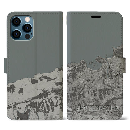 【サン・セバスティアン（スペイン）】地図柄iPhoneケース（手帳タイプ）モノトーン・iPhone 12 / 12 Pro 用
