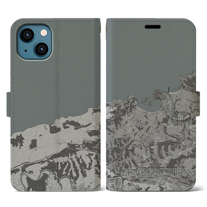 【サン・セバスティアン（スペイン）】地図柄iPhoneケース（手帳タイプ）モノトーン・iPhone 13 用