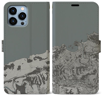 【サン・セバスティアン（スペイン）】地図柄iPhoneケース（手帳タイプ）モノトーン・iPhone 13 Pro Max 用