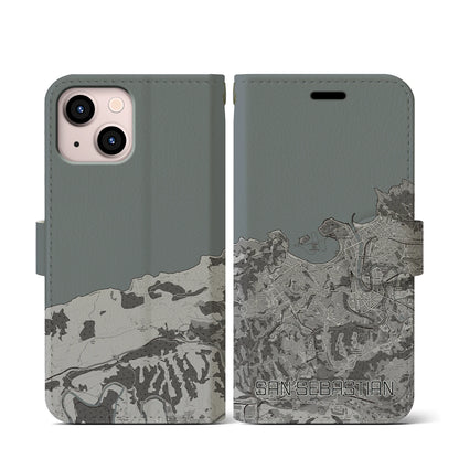 【サン・セバスティアン（スペイン）】地図柄iPhoneケース（手帳タイプ）モノトーン・iPhone 13 mini 用