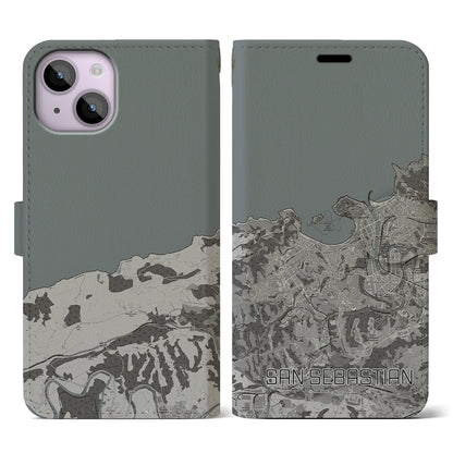 【サン・セバスティアン（スペイン）】地図柄iPhoneケース（手帳タイプ）モノトーン・iPhone 14 用