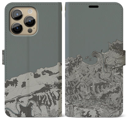 【サン・セバスティアン（スペイン）】地図柄iPhoneケース（手帳タイプ）モノトーン・iPhone 14 Pro Max 用