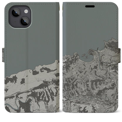 【サン・セバスティアン（スペイン）】地図柄iPhoneケース（手帳タイプ）モノトーン・iPhone 14 Plus 用