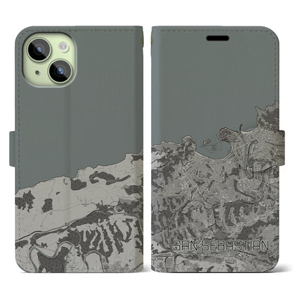 【サン・セバスティアン（スペイン）】地図柄iPhoneケース（手帳タイプ）モノトーン・iPhone 15 用