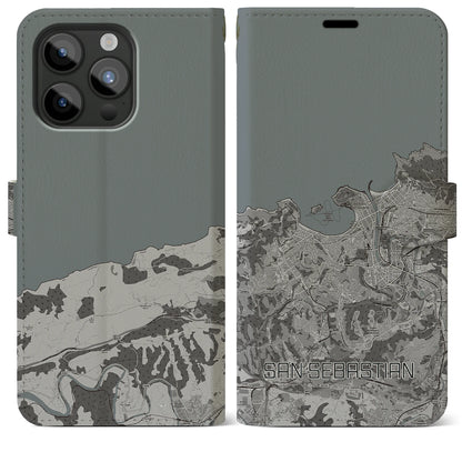 【サン・セバスティアン（スペイン）】地図柄iPhoneケース（手帳タイプ）モノトーン・iPhone 15 Pro Max 用