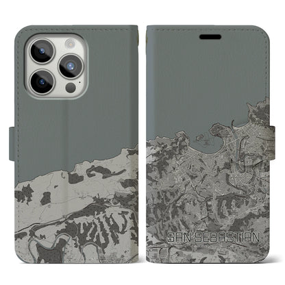 【サン・セバスティアン（スペイン）】地図柄iPhoneケース（手帳タイプ）モノトーン・iPhone 15 Pro 用