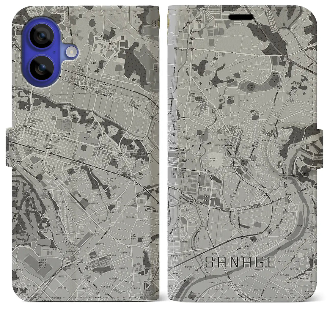 【猿投(愛知県)】地図柄iPhoneケース(手帳タイプ)モノトーン・iPhone 16 Pro Max 用