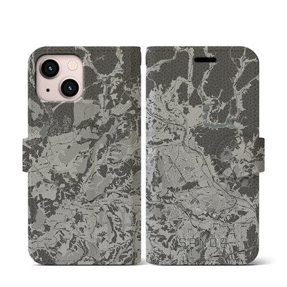 【三田（兵庫県）】地図柄iPhoneケース（手帳タイプ）モノトーン・iPhone 13 mini 用