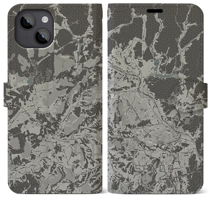 【三田（兵庫県）】地図柄iPhoneケース（手帳タイプ）モノトーン・iPhone 14 Plus 用