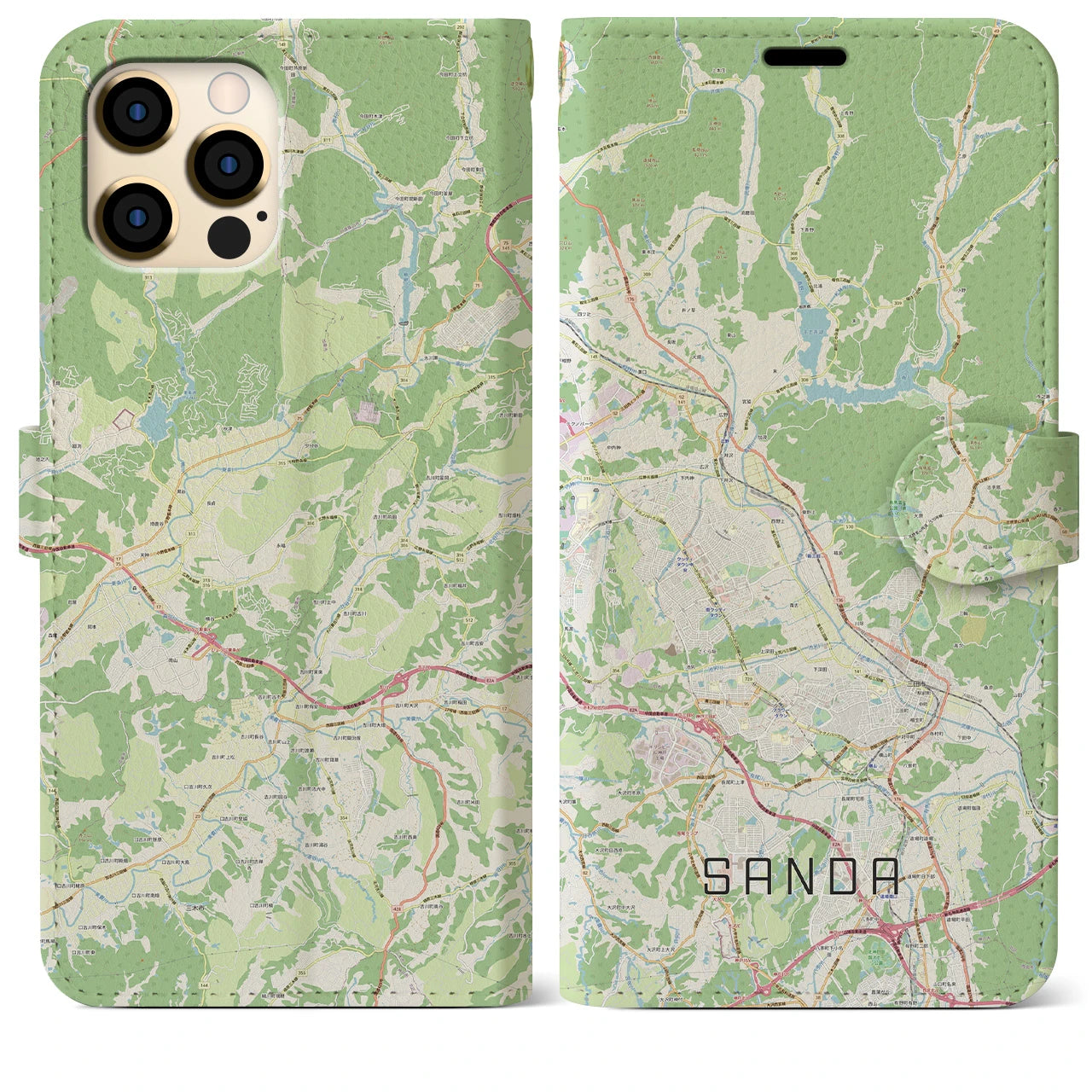 【三田】地図柄iPhoneケース（手帳両面タイプ・ナチュラル）iPhone 12 Pro Max 用