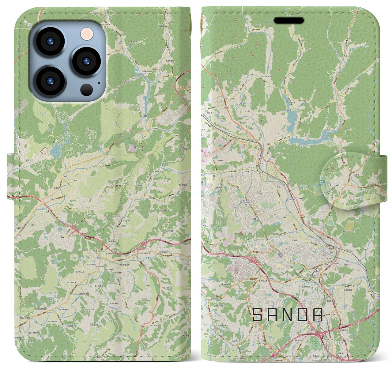 【三田】地図柄iPhoneケース（手帳両面タイプ・ナチュラル）iPhone 13 Pro Max 用