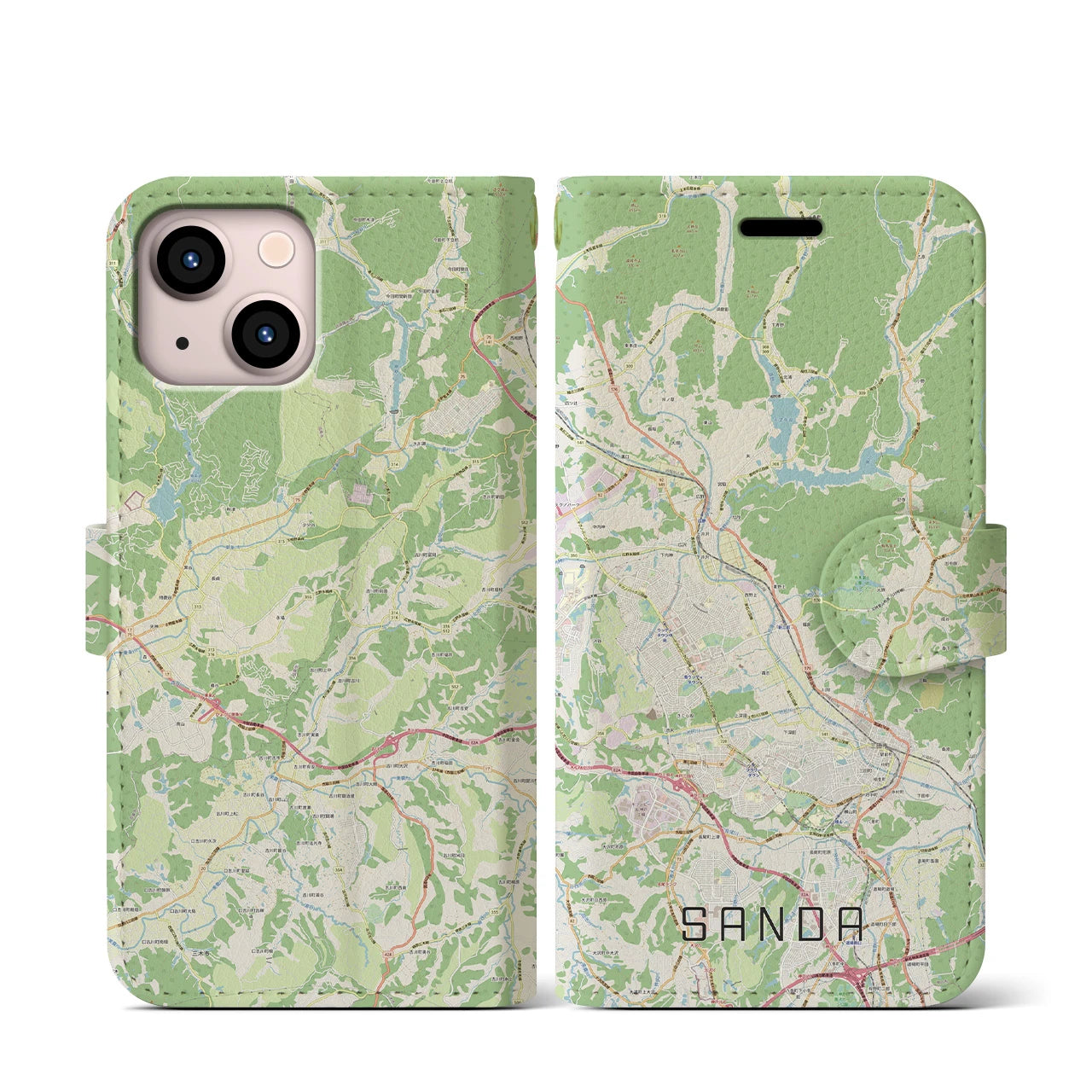 【三田（兵庫県）】地図柄iPhoneケース（手帳タイプ）ナチュラル・iPhone 13 mini 用
