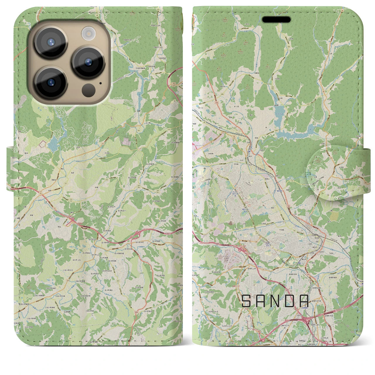 【三田（兵庫県）】地図柄iPhoneケース（手帳タイプ）ナチュラル・iPhone 14 Pro Max 用