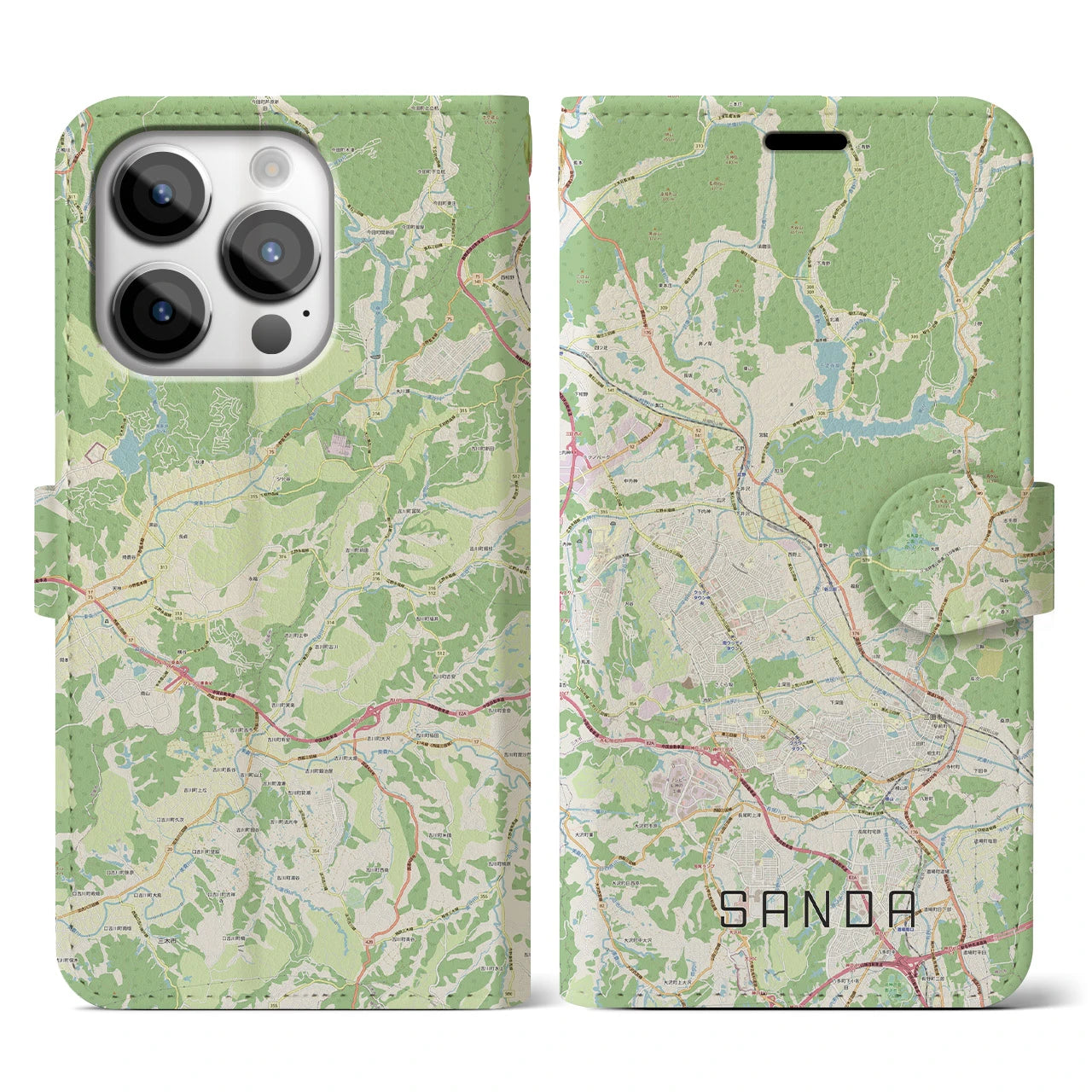 【三田】地図柄iPhoneケース（手帳両面タイプ・ナチュラル）iPhone 14 Pro 用