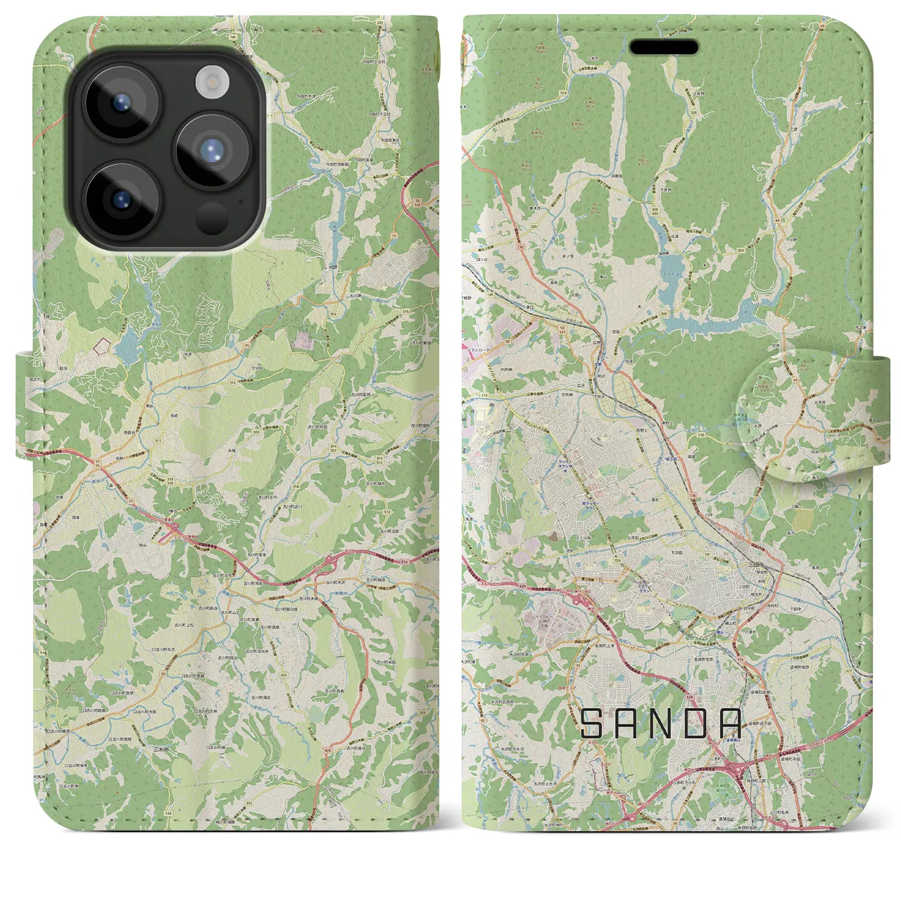 【三田】地図柄iPhoneケース（手帳両面タイプ・ナチュラル）iPhone 15 Pro Max 用