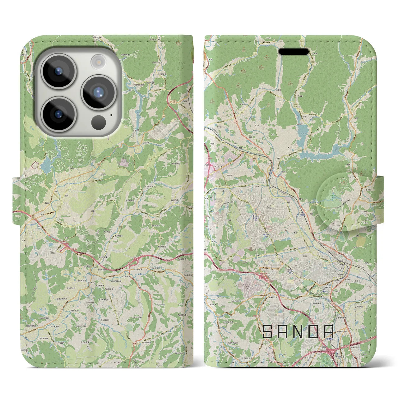 【三田】地図柄iPhoneケース（手帳両面タイプ・ナチュラル）iPhone 15 Pro 用