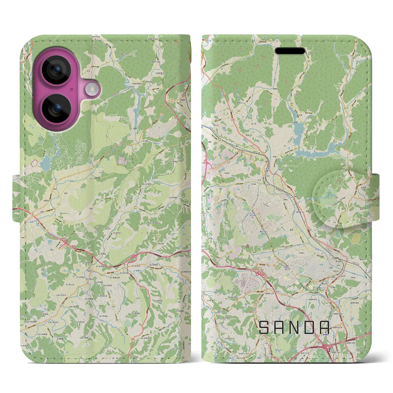 【三田（兵庫県）】地図柄iPhoneケース（手帳タイプ）ナチュラル・iPhone 16 Pro 用