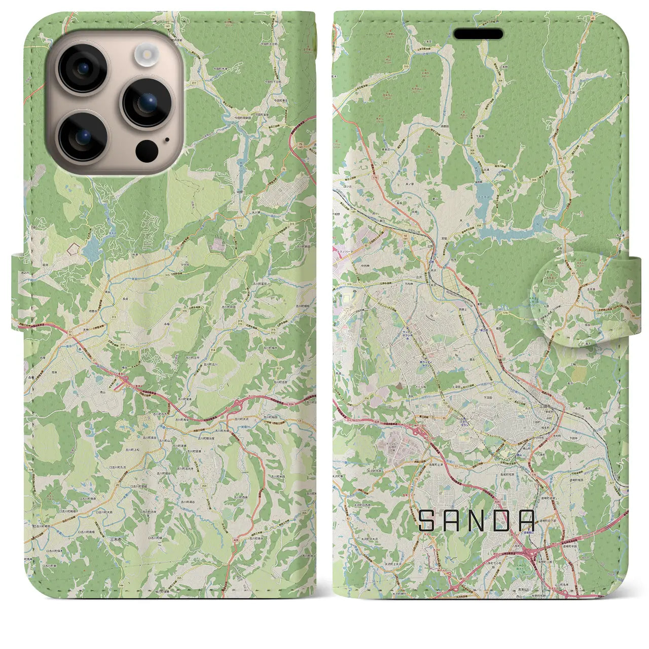 【三田（兵庫県）】地図柄iPhoneケース（手帳タイプ）ナチュラル・iPhone 16 Plus 用