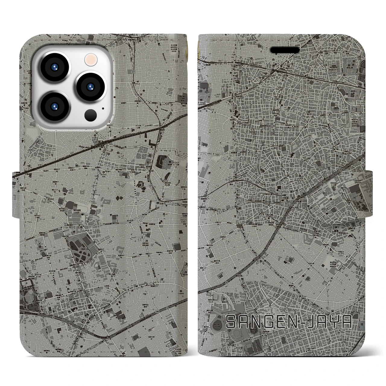 【三軒茶屋】地図柄iPhoneケース（手帳両面タイプ・モノトーン）iPhone 13 Pro 用