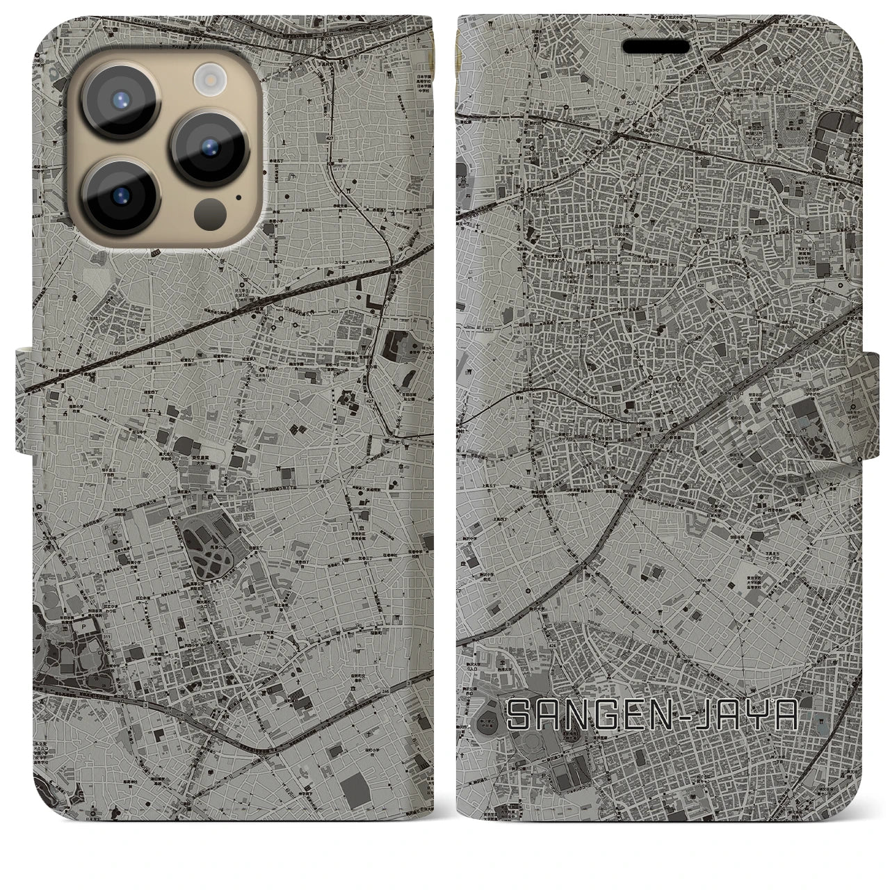 【三軒茶屋】地図柄iPhoneケース（手帳両面タイプ・モノトーン）iPhone 14 Pro Max 用