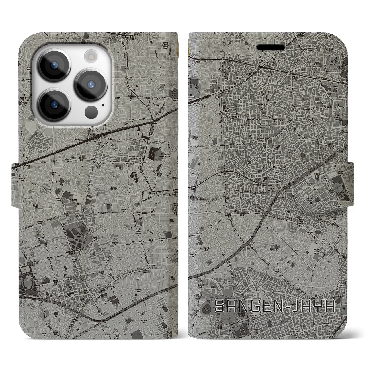 【三軒茶屋】地図柄iPhoneケース（手帳両面タイプ・モノトーン）iPhone 14 Pro 用