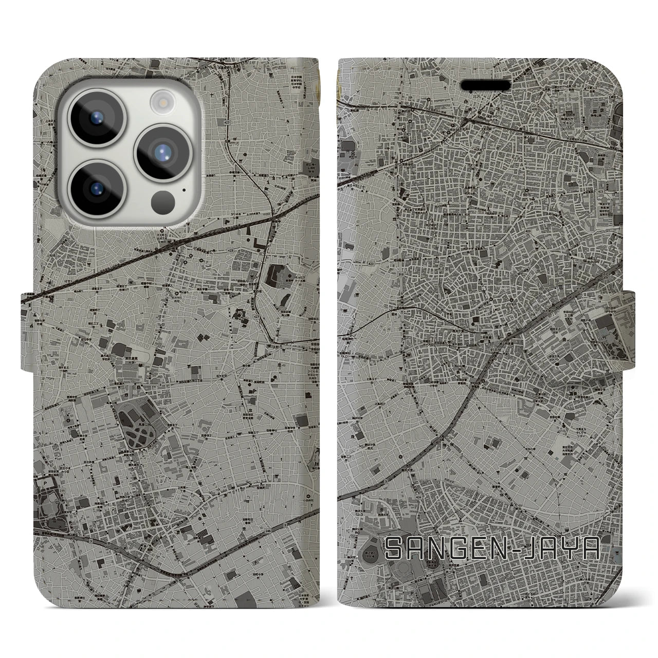 【三軒茶屋】地図柄iPhoneケース（手帳両面タイプ・モノトーン）iPhone 15 Pro 用